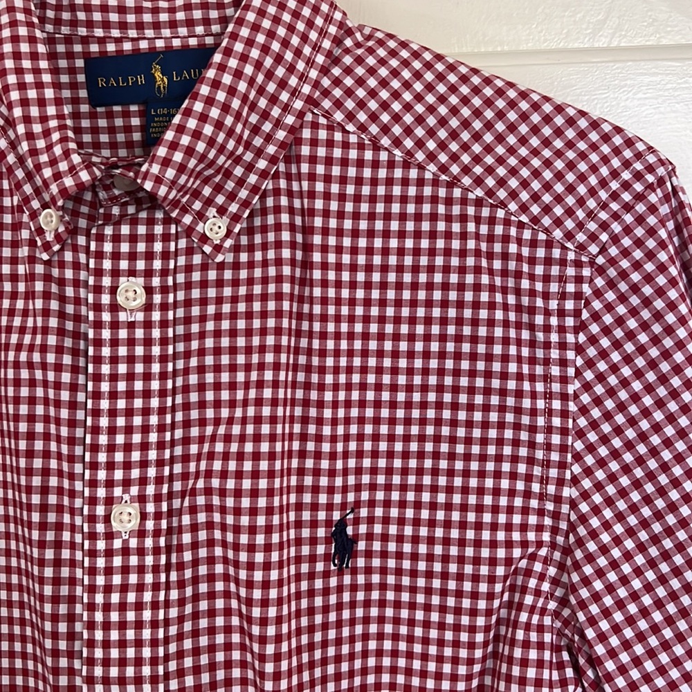 Ralph Lauren red/white gingham, long sleeve button down YOUTH SIZE large (14-16)